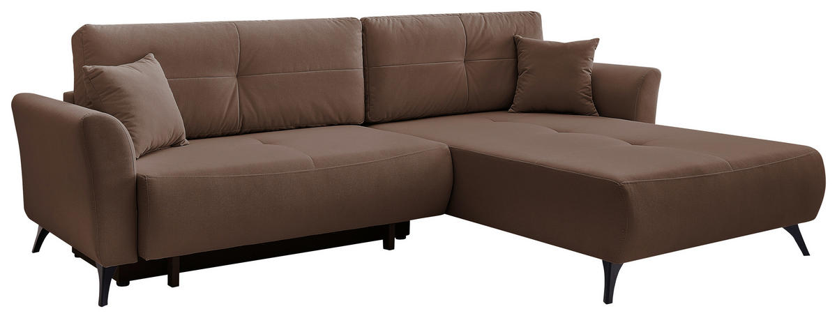 ECKSOFA GEMMA Dunkelbraun Flachgewebe Zierkissen, Rückenkissen, Bettkasten, Schlaffunktion, Rücken echt, Stauraum  - Dunkelbraun/Schwarz, Design, Textil/Metall (270/183cm) - P & B