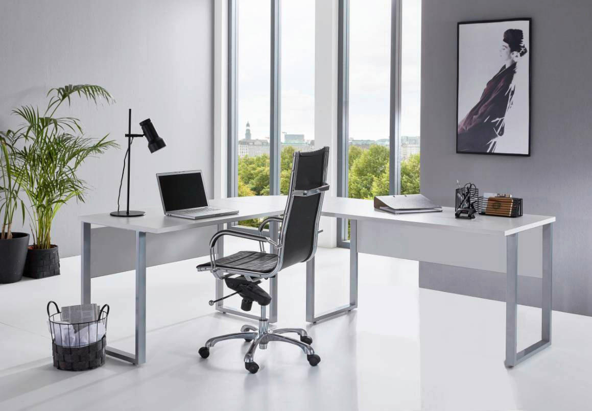 ECKSCHREIBTISCH 205 / 177/77/177 / 205 cm  in Weiß  - Silberfarben/Weiß, MODERN, Holzwerkstoff/Metall (205 / 177/77/177 / 205cm) - MID.YOU
