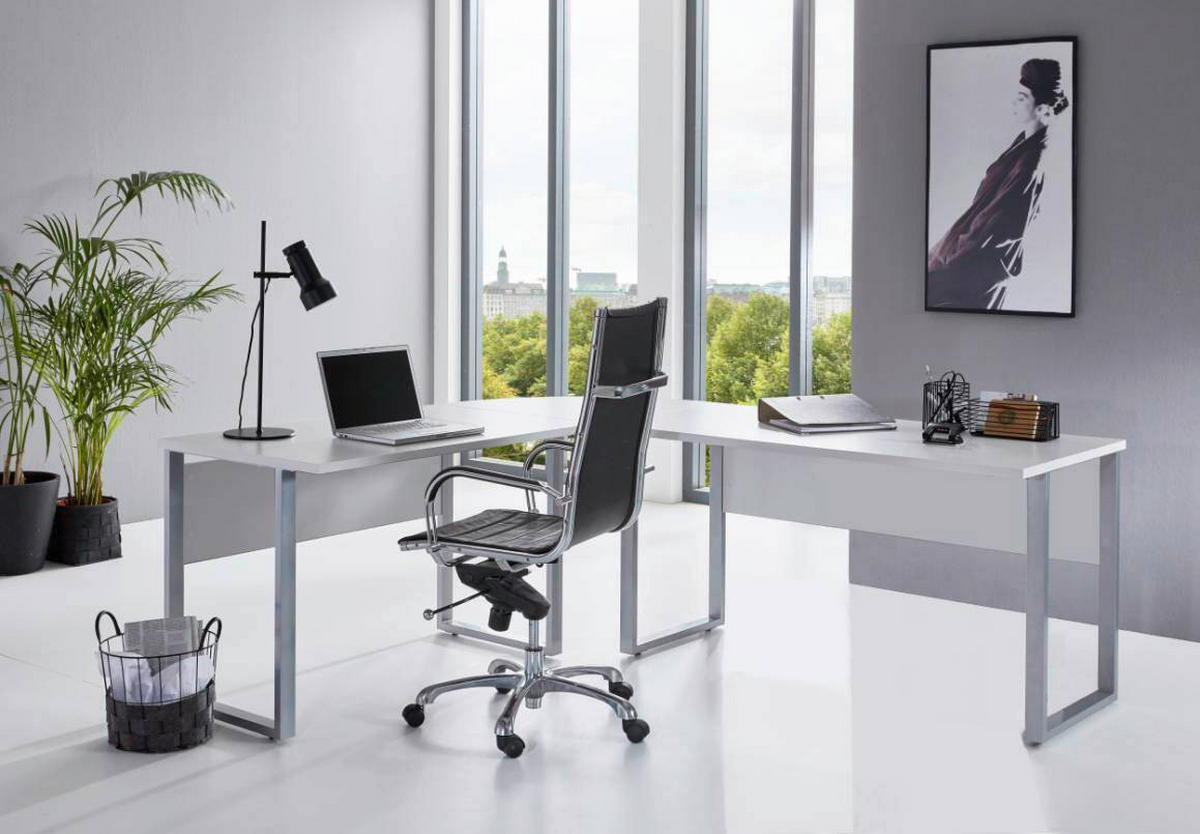ECKSCHREIBTISCH 205 / 177/77/177 / 205 cm  in Weiß  - Silberfarben/Weiß, MODERN, Holzwerkstoff/Metall (205 / 177/77/177 / 205cm) - MID.YOU