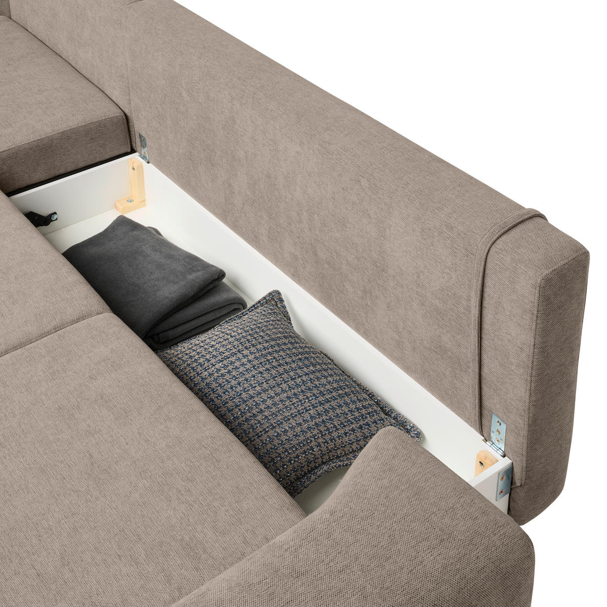 ECKSOFA inkl. Funktionen Greige Webstoff  inkl. Rückenkissen, Bettkasten, Schlaffunktion, Rücken echt  - Wengefarben/Greige, Design, Holz/Textil (211/314cm) - Stylife