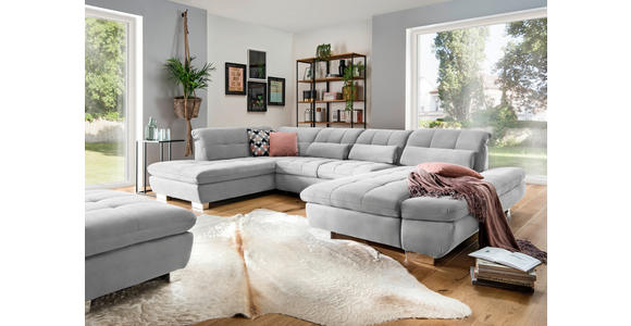 WOHNLANDSCHAFT  in Mikrofaser Hellgrau  - Chromfarben/Hellgrau, Design, Kunststoff/Textil (211/350/204cm) - Xora