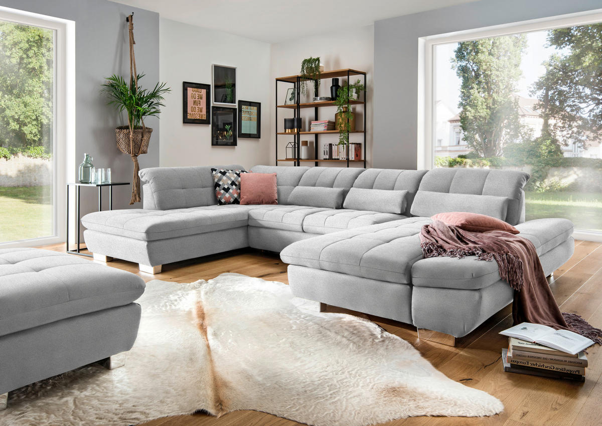 WOHNLANDSCHAFT in Mikrofaser Hellgrau  - Chromfarben/Hellgrau, Design, Kunststoff/Textil (211/350/204cm) - Xora