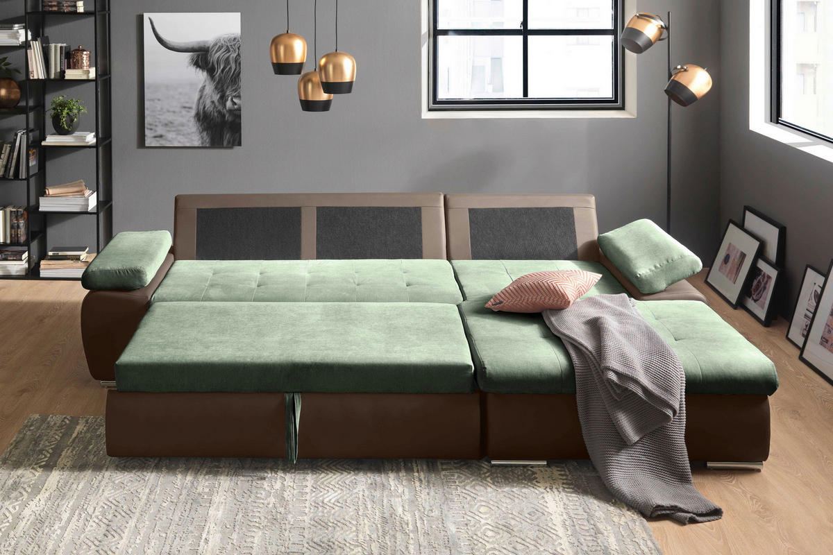 SEDEŽNA GARNITURA, gladka tkanina olivno zelena , rjava  - barve niklja/olivno zelena, Design, umetna masa/tekstil (271/175cm) - Xora