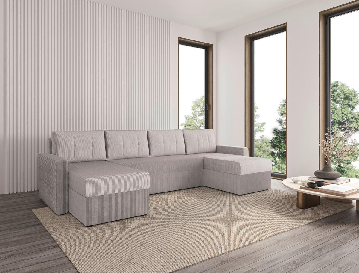 WOHNLANDSCHAFT Naturfarben Cord  - Schwarz/Naturfarben, KONVENTIONELL, Kunststoff/Textil (152/290/152cm) - Ti'me