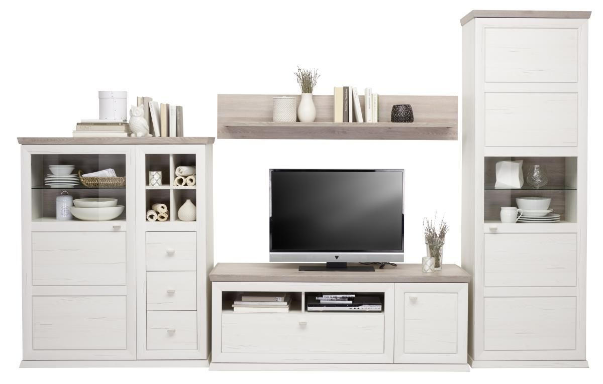 Wohnwand in Grau, Weiß, Kieferfarben