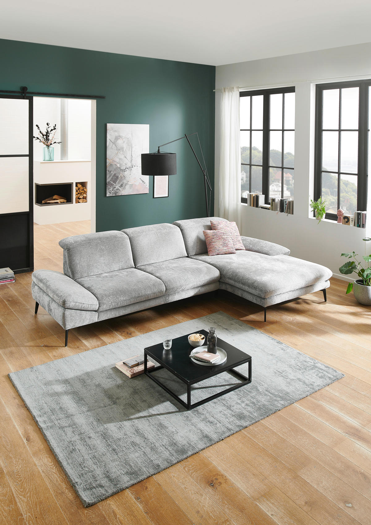 ECKSOFA in Chenille Grau  - Schwarz/Grau, Design, Textil/Metall (188/319cm) - Beldomo System