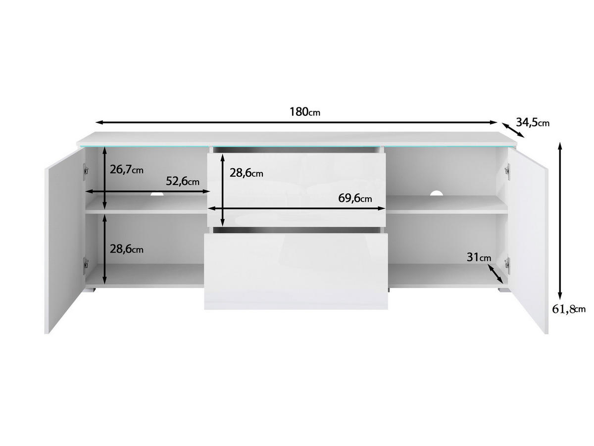 LOWBOARD Vera  in 180/61,8/34,5 cm  - gris/blanc haute brillance, Trend, matière synthétique/matériau de bois (180/61,8/34,5cm) - P & B