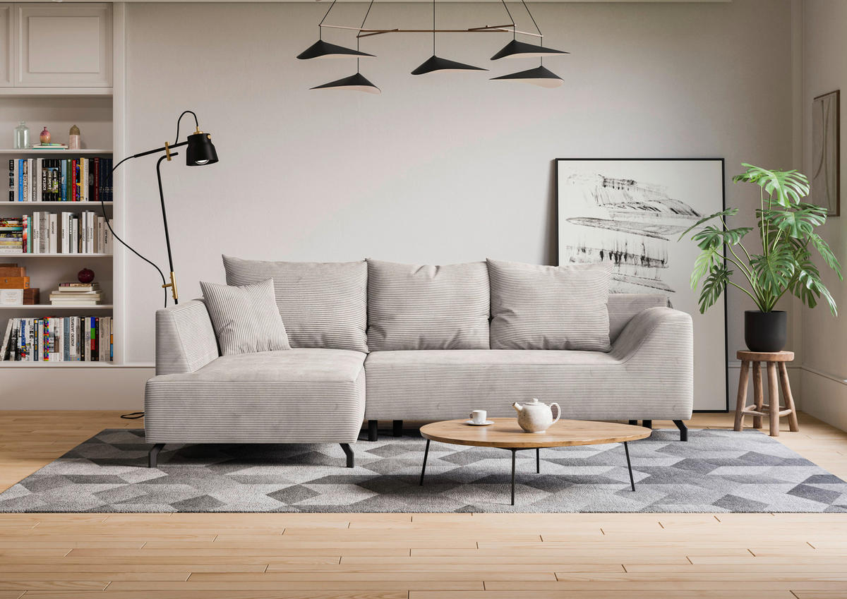 ECKSCHLAFSOFA  mit Bettkasten erhältlich, seitenverkehrt erhältlich, Schlafen auf Sitzhöhe, Bettfunktion erhältlich, Rücken echt Cord Creme  - Creme/Schwarz, Design, Textil/Metall (167/273cm) - MID.YOU