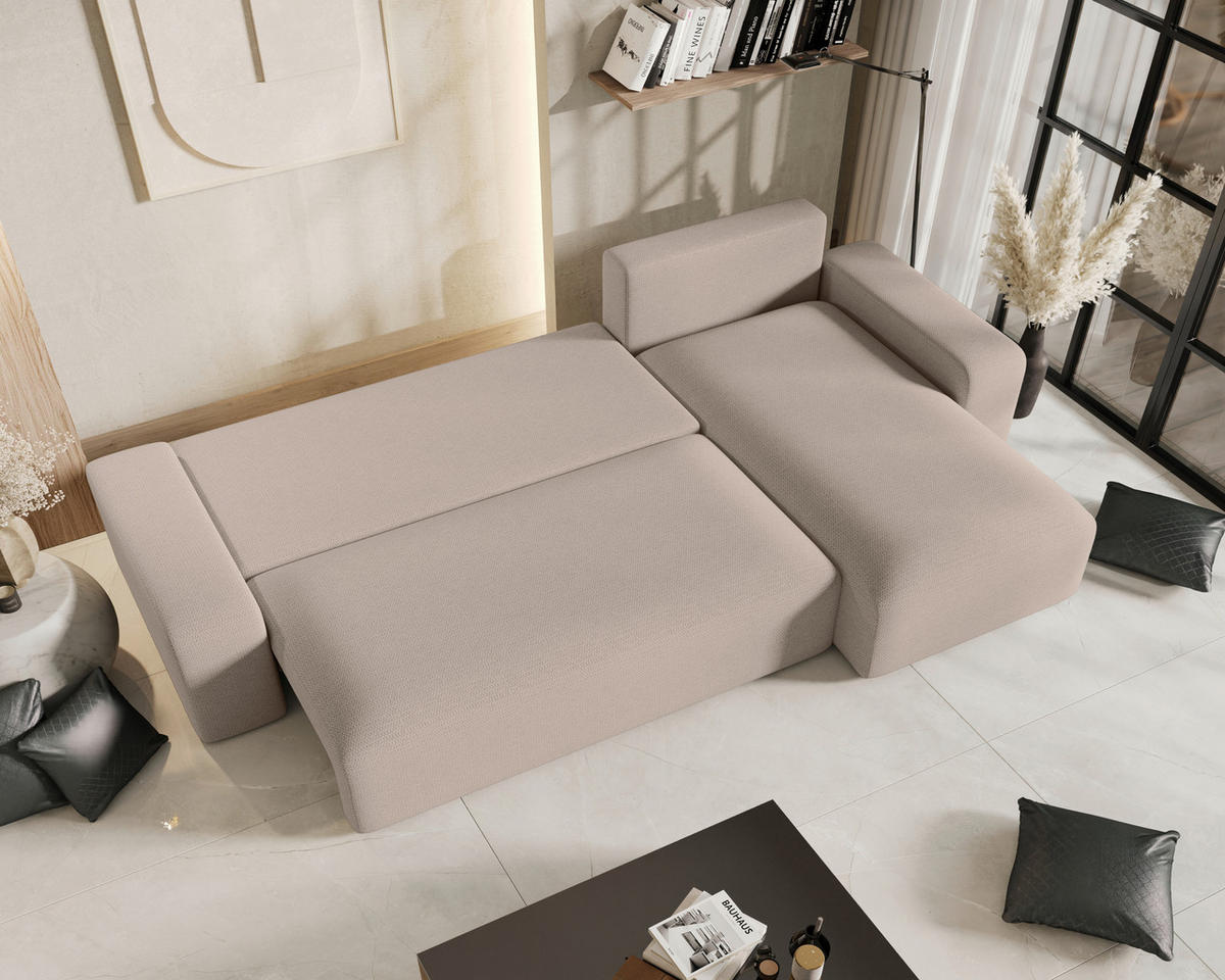 ECKSOFA Beige Bouclé Zierkissen, Rückenkissen, Bettkasten, Schlaffunktion, Rücken echt, Stauraum  - Beige/Schwarz, MODERN, Kunststoff/Textil (248/143cm) - Xora