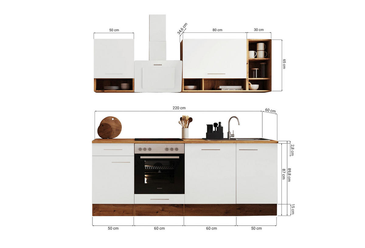 KÜCHENBLOCK 220 cm   in Weiß, Eichefarben  - Eichefarben/Weiß, MODERN, Holzwerkstoff (220cm) - Respekta