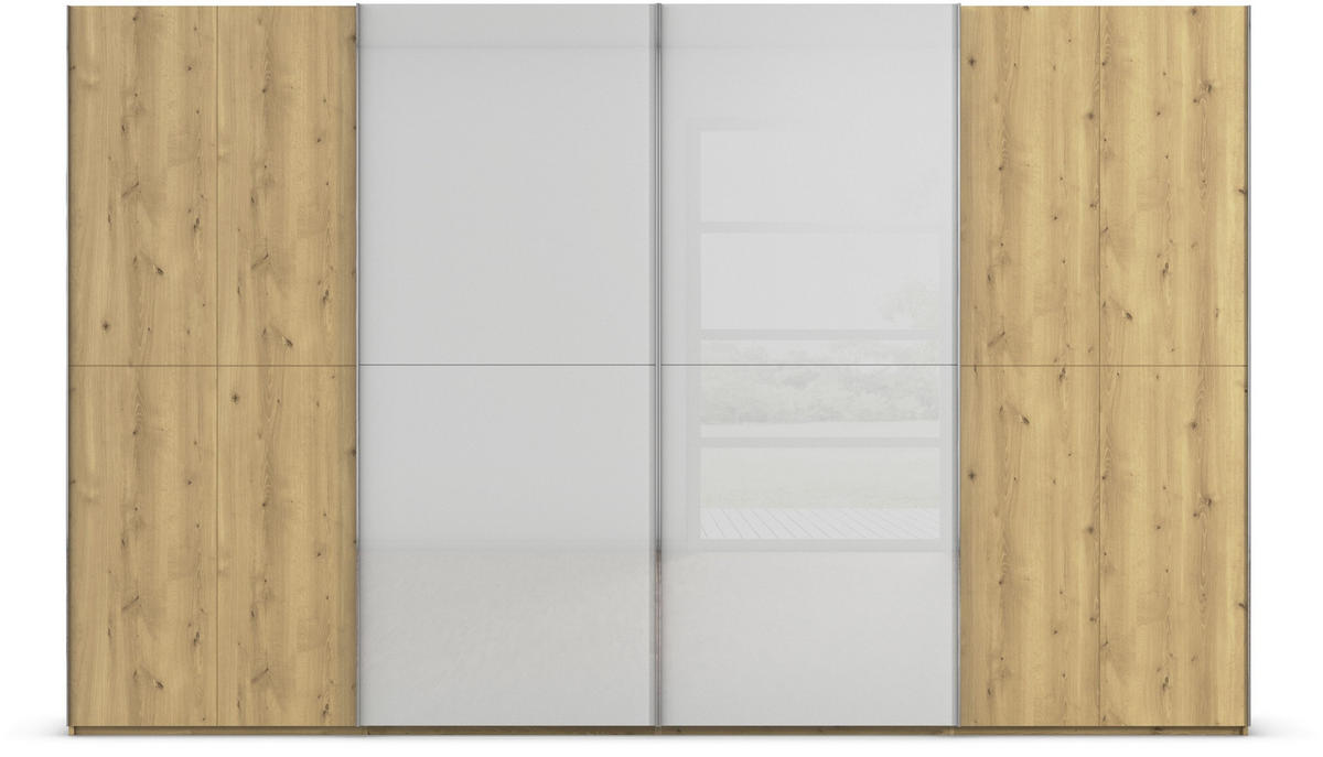 SCHWEBETÜRENSCHRANK 360/223/68 cm 4-türig Eichefarben, Chromfarben, Hellgrau  - Chromfarben/Eichefarben, Design, Glas/Holz (360/223/68cm) - Novel