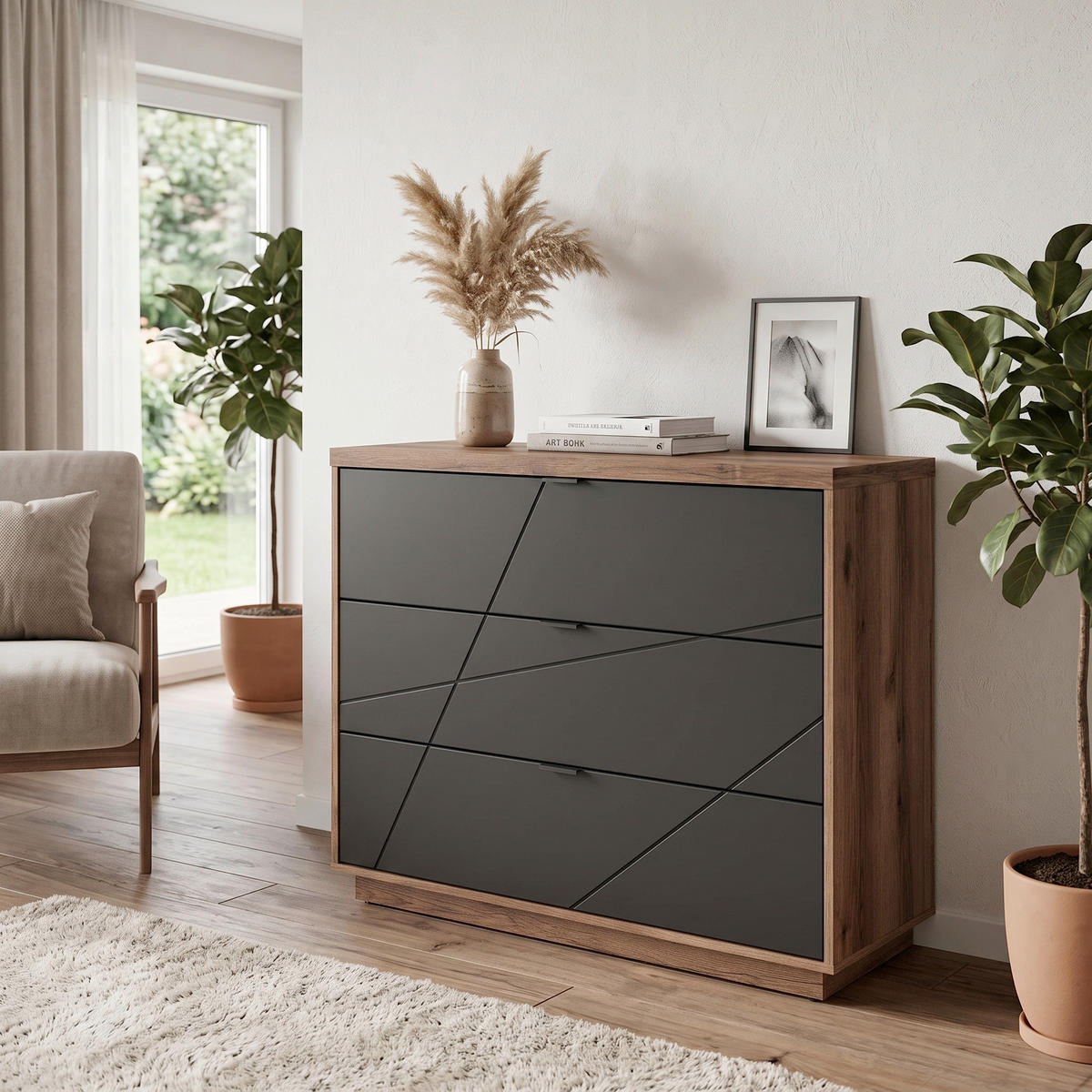 KOMMODE , 106/93/42,5 cm, 3 Schublade(n)  - Eichefarben/Schwarz, MODERN, Holzwerkstoff/Kunststoff (106/93/42,5cm) - Livetastic