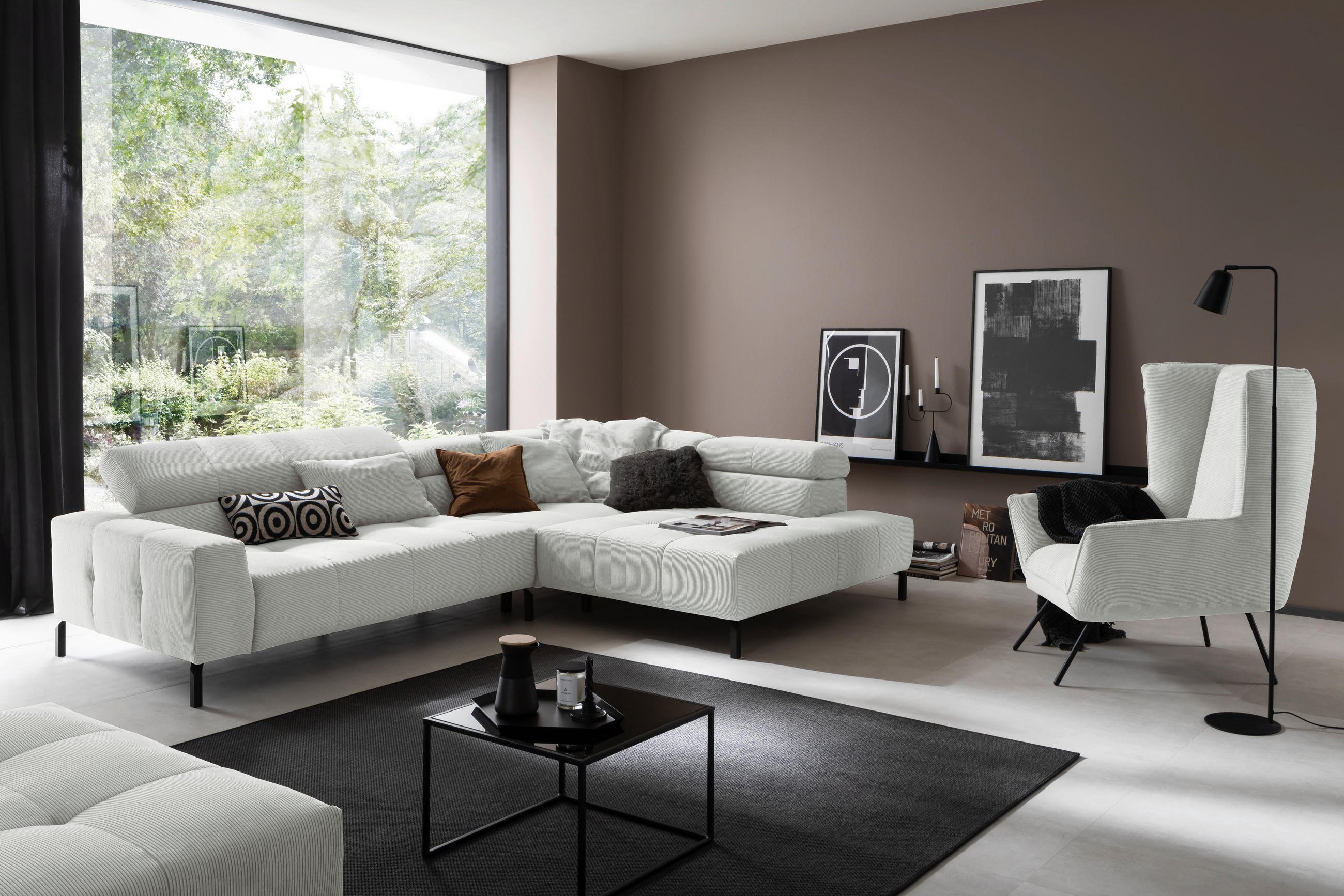 ECKSOFA in Feincord Hellgrau  - Hellgrau/Schwarz, Konventionell, Textil/Metall (311/219cm) - Hom`in