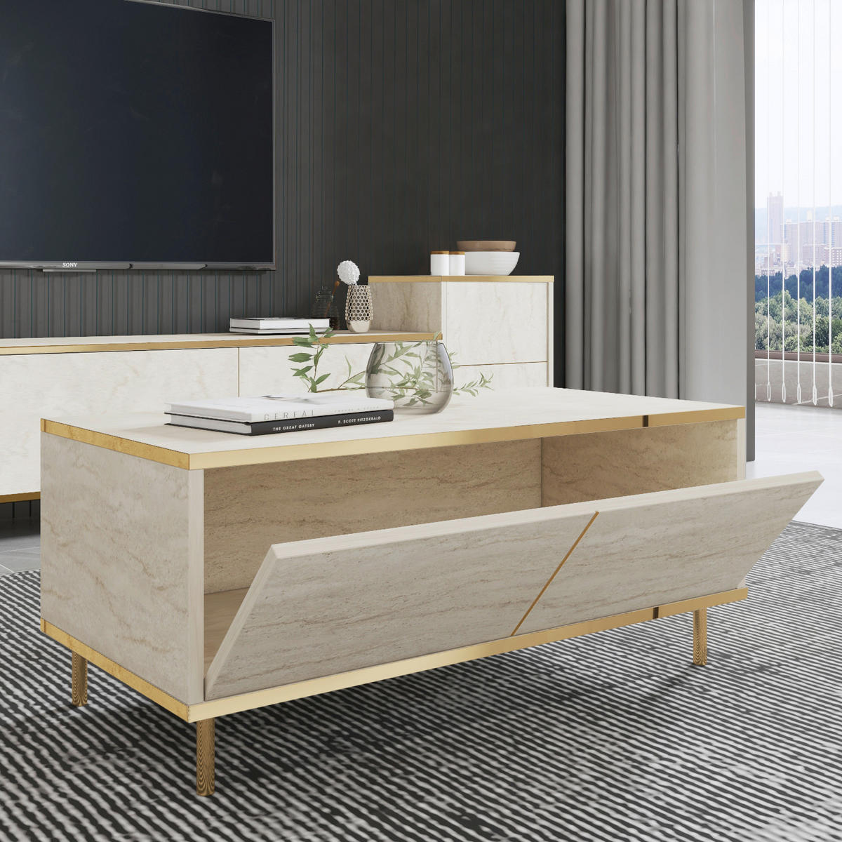 COUCHTISCH Imaj Couchtisch 90/45/40 cm rechteckig Goldfarben, Beige  - Beige/Goldfarben, Design, Holzwerkstoff/Metall (90/45/40cm) - Livetastic