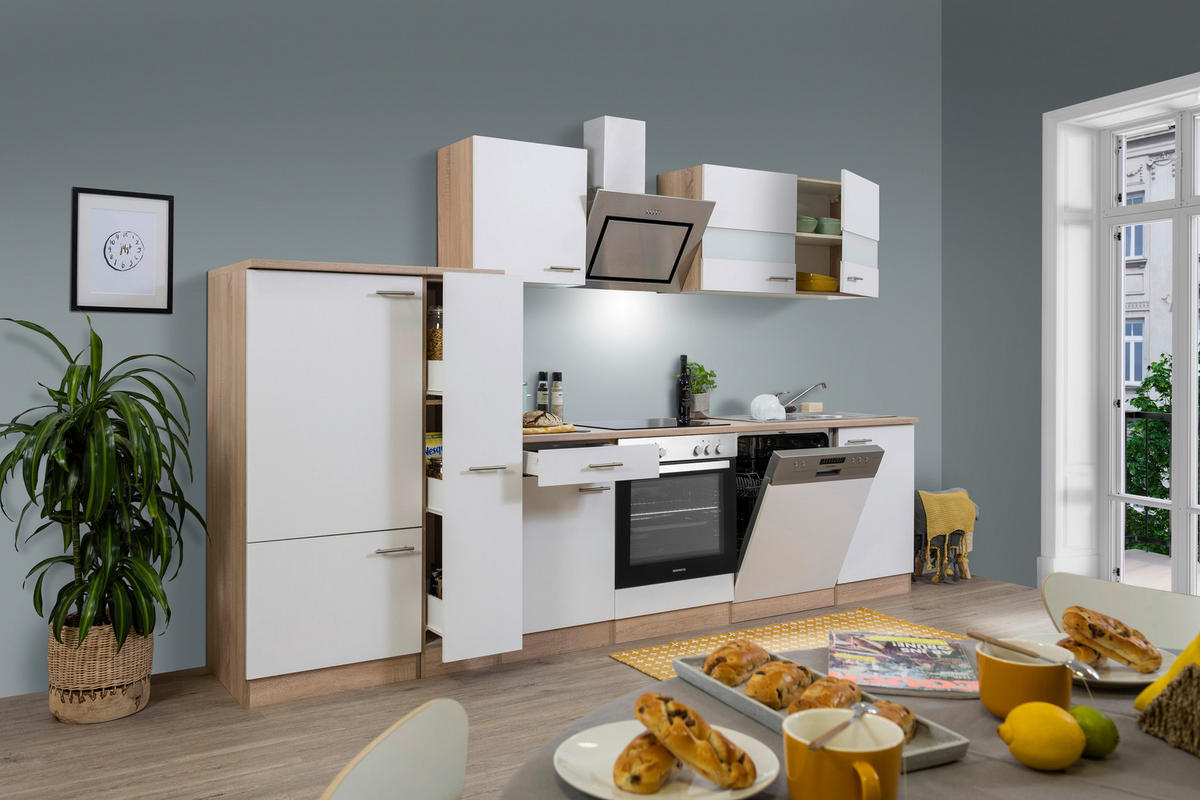 KÜCHENBLOCK 310 cm   in Weiß  - Edelstahlfarben/Eichefarben, Basics, Holzwerkstoff/Metall (310cm) - Respekta