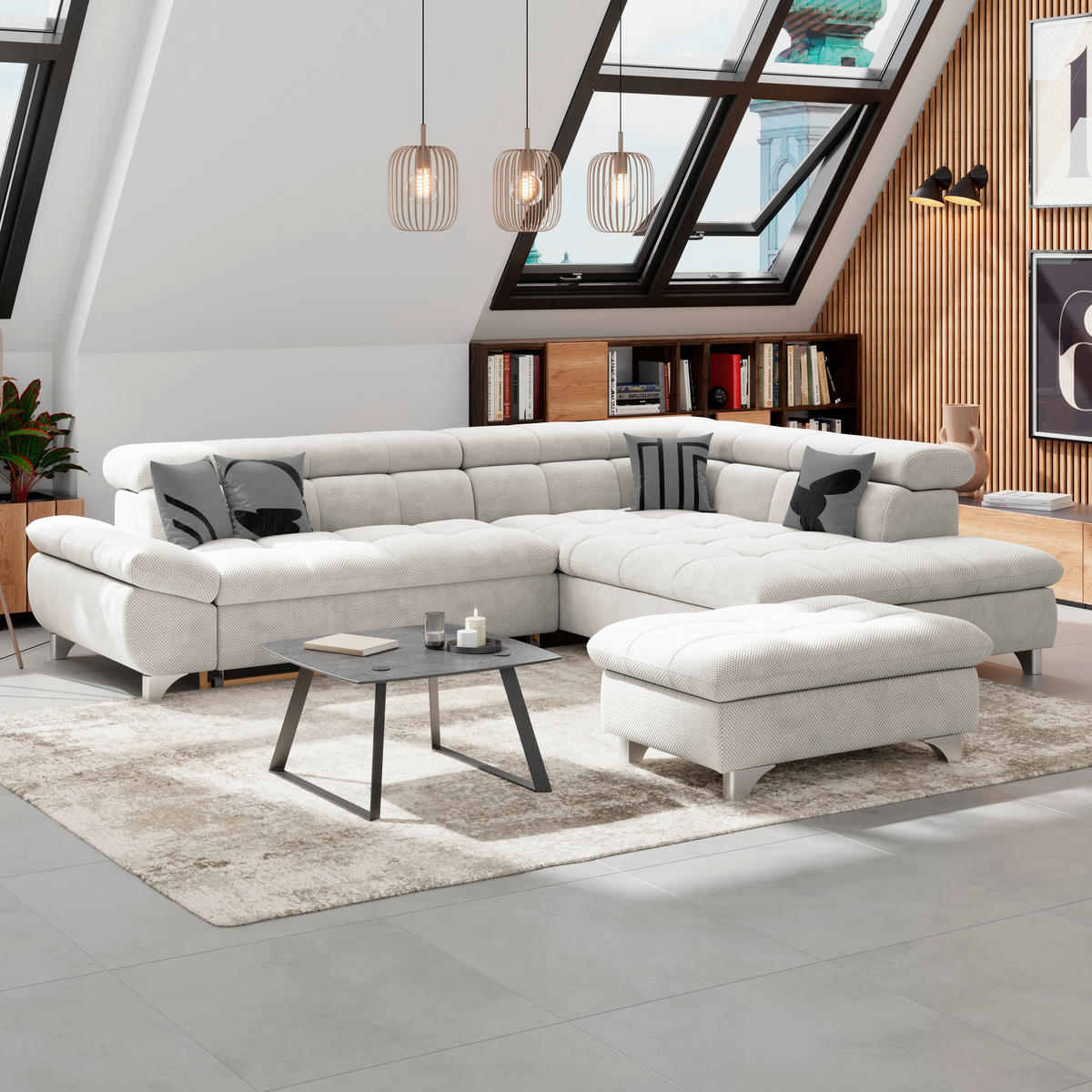 ECKSOFA Creme Chenille  - Chromfarben/Creme, KONVENTIONELL, Textil/Metall (312/234cm) - Livetastic