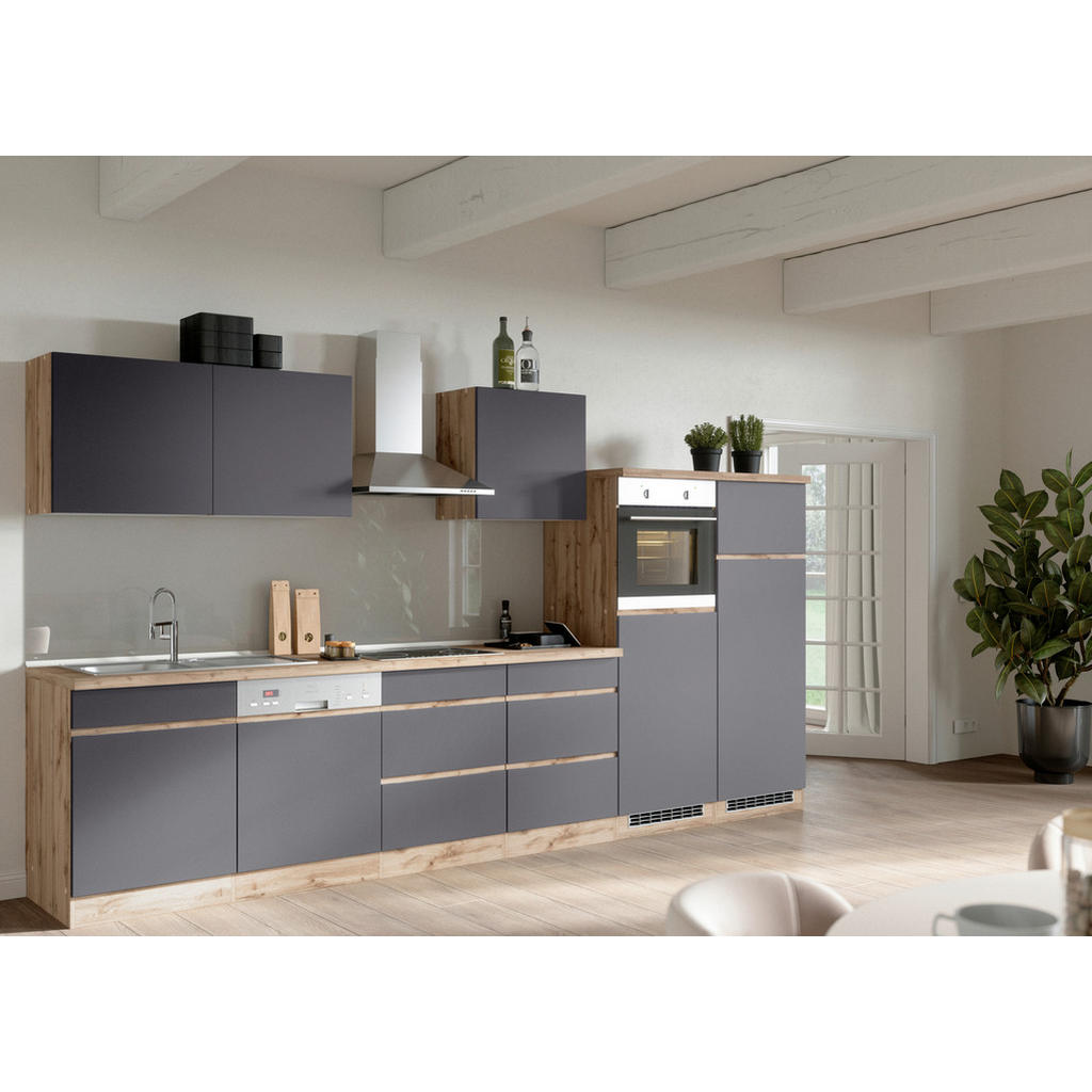 Küchenzeile Turin ohne Geräte B: 360cm Grau/Wotaneiche Dekor