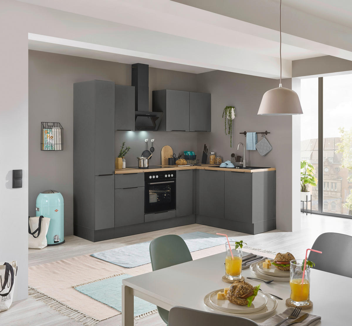 ECKKÜCHE 210/165 cm  in Graphitfarben  - Schwarz/Graphitfarben, Basics, Holzwerkstoff/Metall (210/165cm) - Carryhome