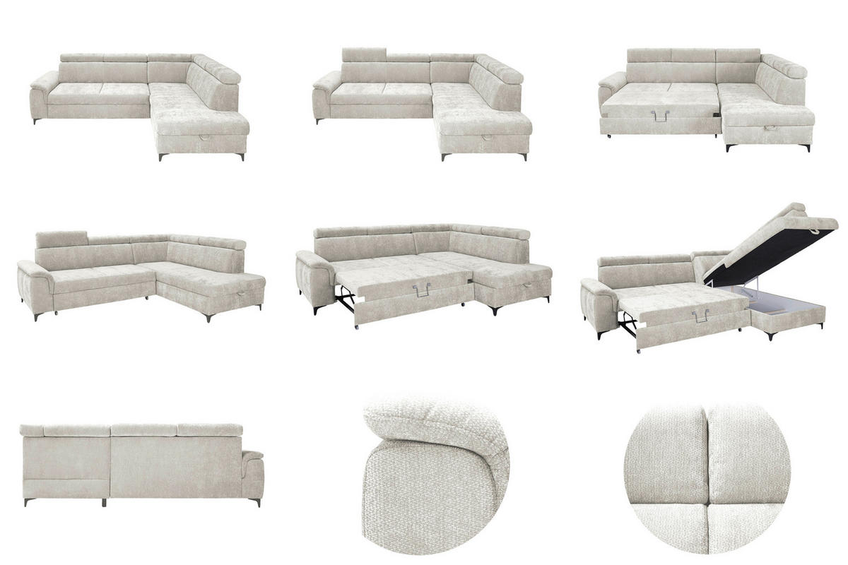 ECKSOFA Elfenbein Chenille Bettkasten, Schlaffunktion, Rücken echt, Kopfteilverstellung, Liegefläche im Originalstoff  - Elfenbein/Schwarz, KONVENTIONELL, Textil/Metall (265/206cm) - Carryhome