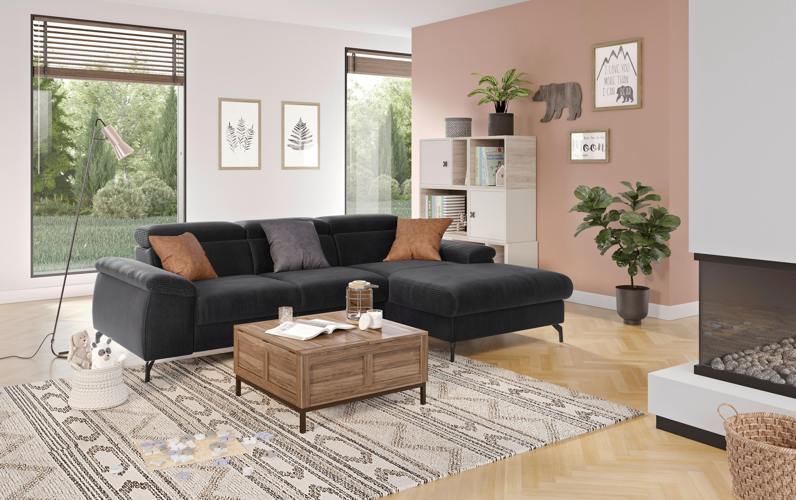 ECKSOFA in Cord Schwarz  - Schwarz, Design, Textil/Metall (244/166cm) - Livetastic