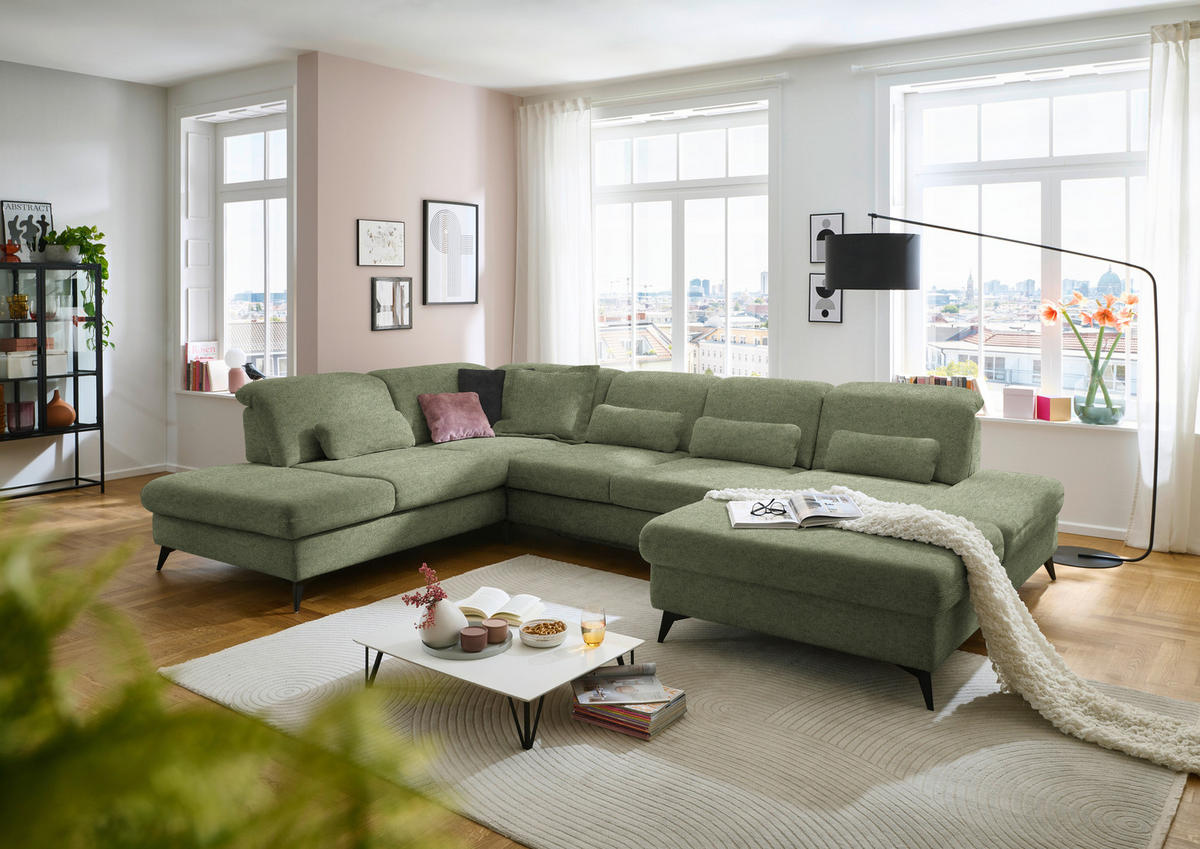 WOHNLANDSCHAFT Chenille Olivgrün  - Schwarz/Olivgrün, Design, Textil/Metall (255/364/198cm) - Beldomo Style