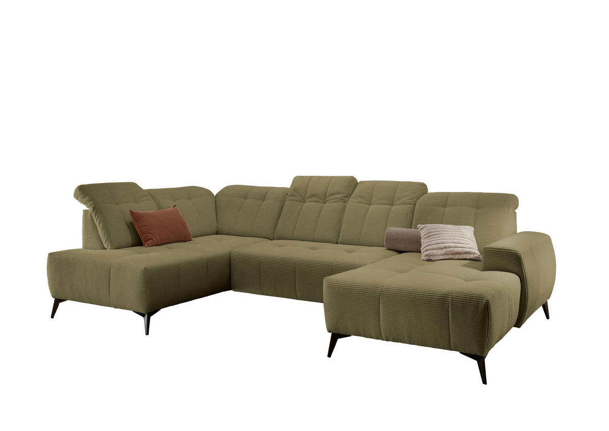 WOHNLANDSCHAFT SANO Olivgrün Cord  - Schwarz/Olivgrün, MODERN, Textil/Metall (200/337/180cm) - Livetastic