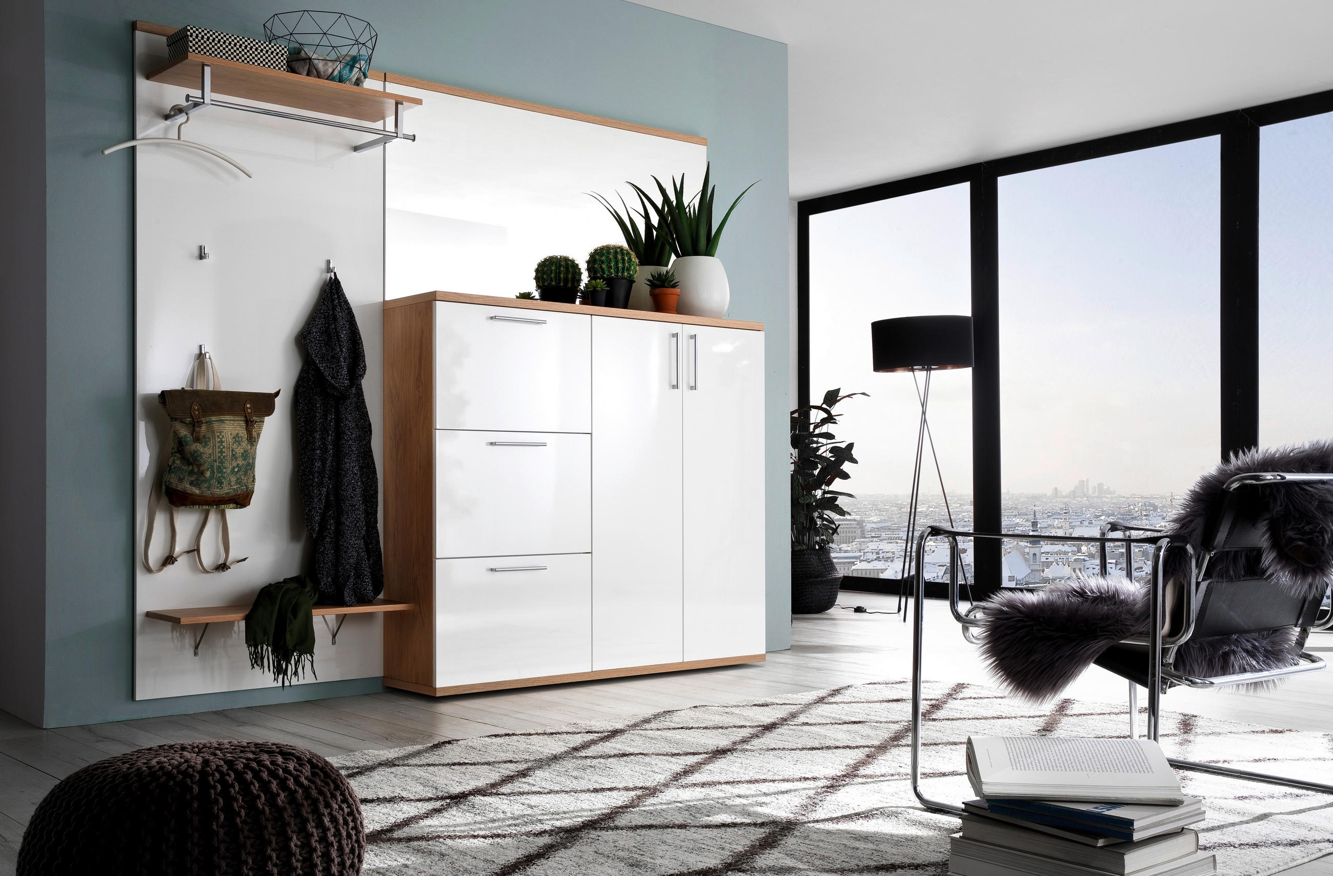 Thumbnail - Moderano Garderobe, Weiß, Eiche, Holz, Glas, Holzwerkstoff, 3-teilig, Wildeiche, furniert, 222x201x35 cm, Made in German...