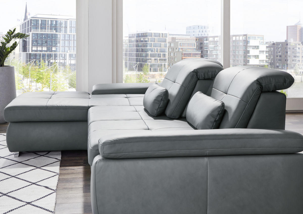ECKSOFA in Echtleder Grau  - Alufarben/Grau, Design, Leder/Metall (195/309cm) - Beldomo Premium