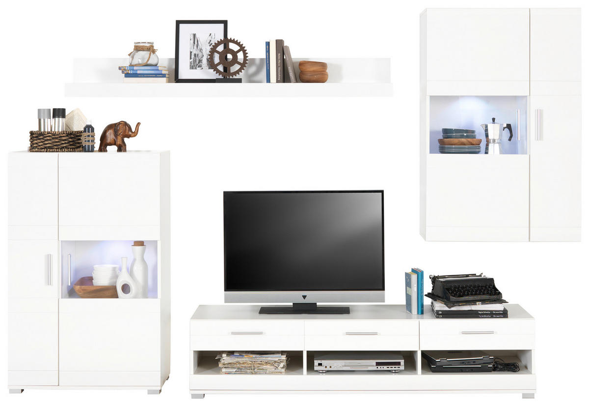 WOHNWAND  in Weiß, Weiß Hochglanz  265/186/44 cm  - Weiß Hochglanz/Silberfarben, Design, Glas/Holzwerkstoff (265/186/44cm) - Carryhome