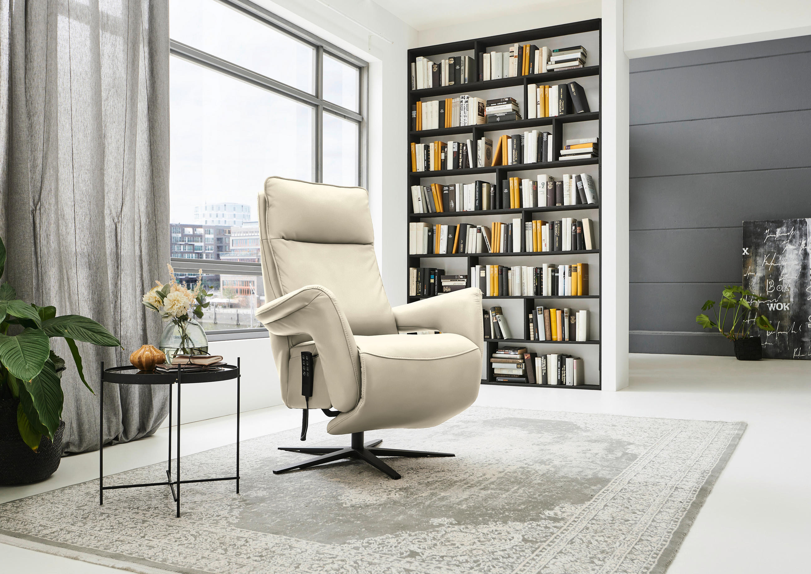 RELAXSESSEL in Leder Creme, Naturfarben  - Creme/Schwarz, Design, Leder/Metall (83/116/87cm) - Valdera