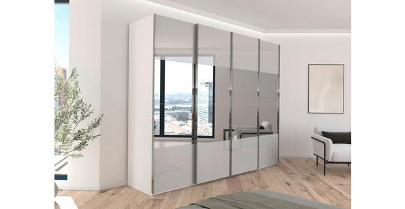 SCHWEBETÜRENSCHRANK  in Weiß, Seidengrau  - Chromfarben/Seidengrau, Design, Glas/Holzwerkstoff (271/235/68cm) - Novel