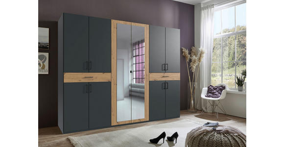 DREHTÜRENSCHRANK in Graphitfarben, Eiche Artisan - Schwarz/Graphitfarben, KONVENTIONELL, Glas/Holzwerkstoff (270/208/58cm) - Carryhome
