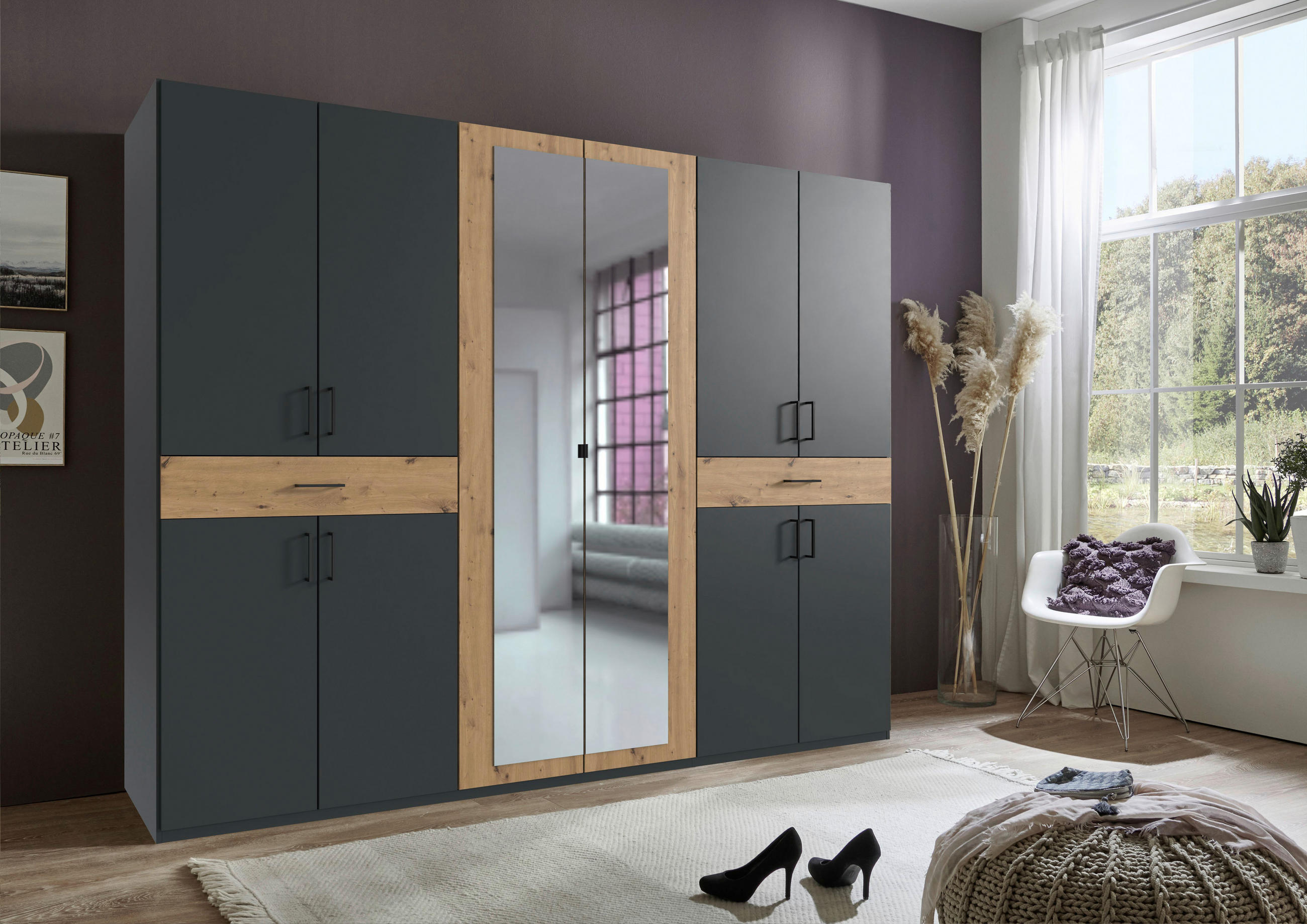 DREHTÜRENSCHRANK in Graphitfarben, Eiche Artisan  - Schwarz/Graphitfarben, Konventionell, Glas/Holzwerkstoff (270/208/58cm) - Carryhome