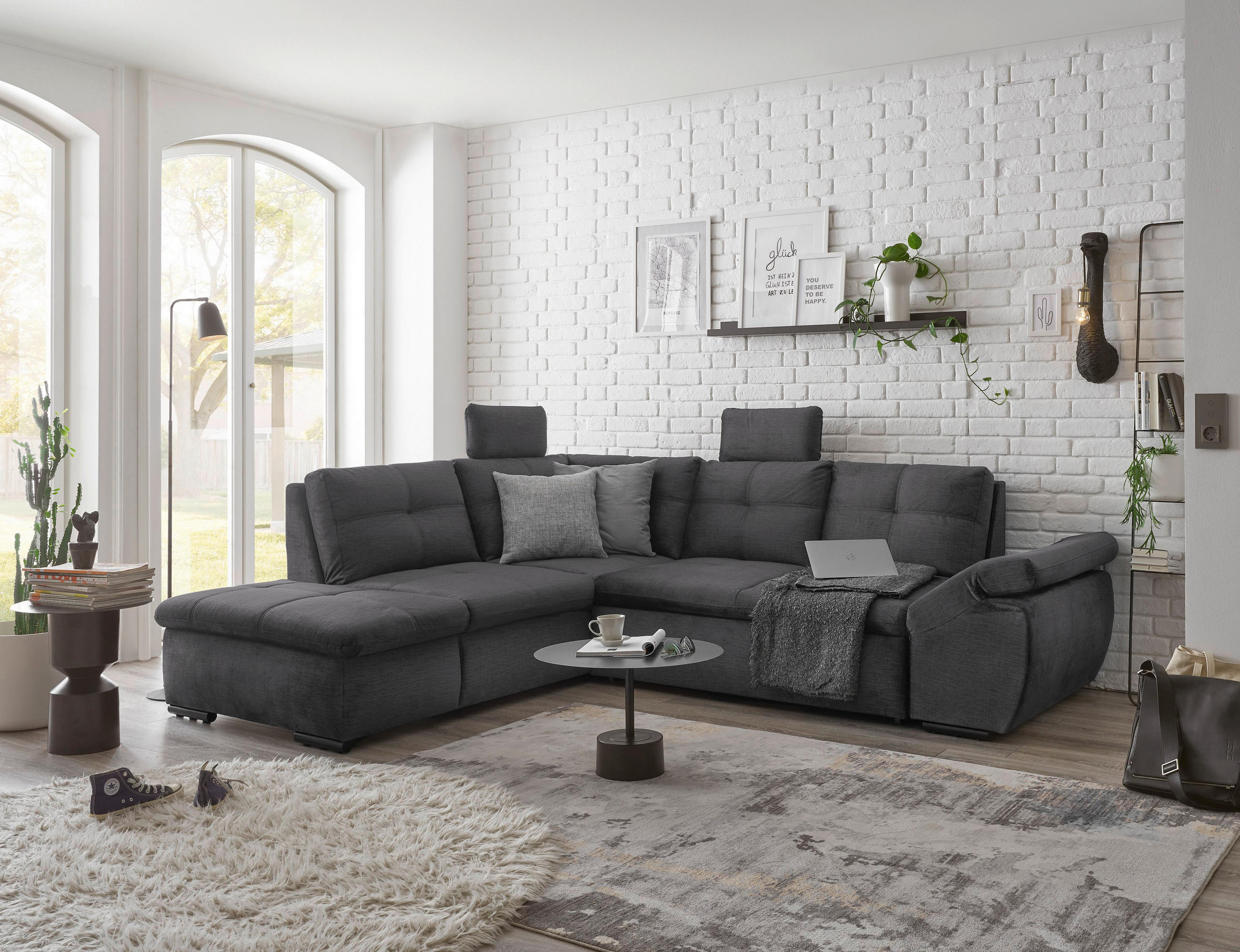 ECKSOFA in Mikrovelours Grau  - Schwarz/Grau, Konventionell, Kunststoff/Textil (217/265cm) - Carryhome