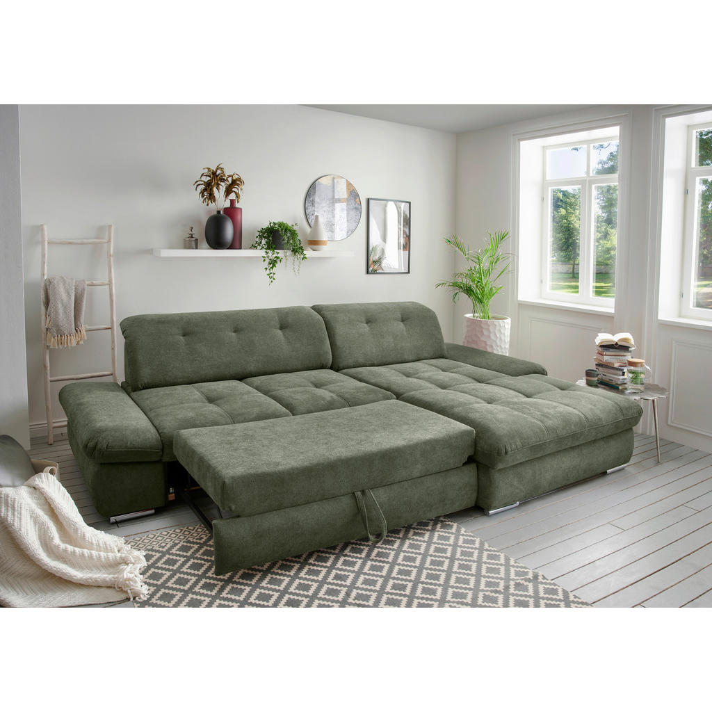 Thumbnail - Livetastic Ecksofa Dalida, Dunkelgrün, Textil, Uni, 4-Sitzer, Füllung: Schaumstoff, Ottomane rechts, L-Form, 300x196 cm,...
