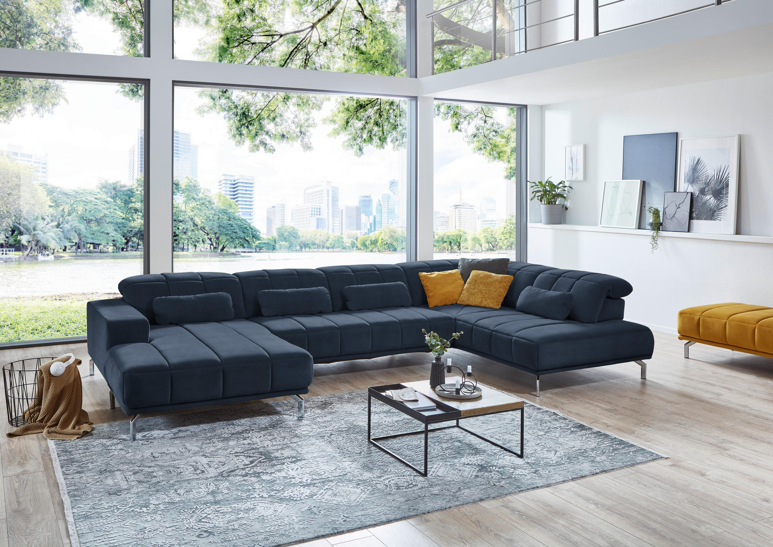 WOHNLANDSCHAFT in Velours Blau  - Blau/Schwarz, Design, Textil/Metall (195/383/219cm) - Beldomo Style