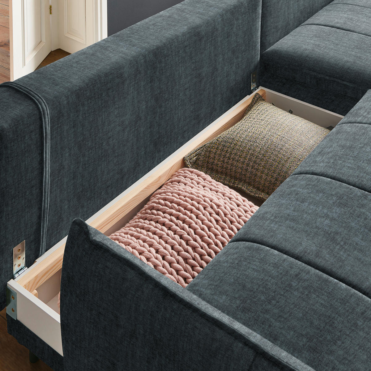 ECKSOFA in Flachgewebe Blau, Grün  - Blau/Schwarz, Design, Textil/Metall (273/180cm) - Hom`in