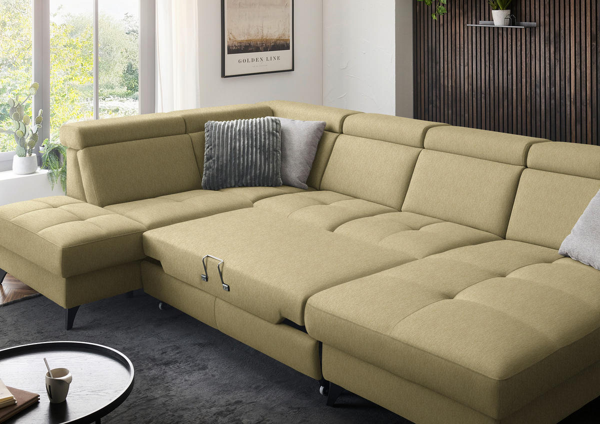 WOHNLANDSCHAFT Flachgewebe Honig  - Schwarz/Honig, Konventionell, Textil/Metall (215/333/174cm) - Beldomo System