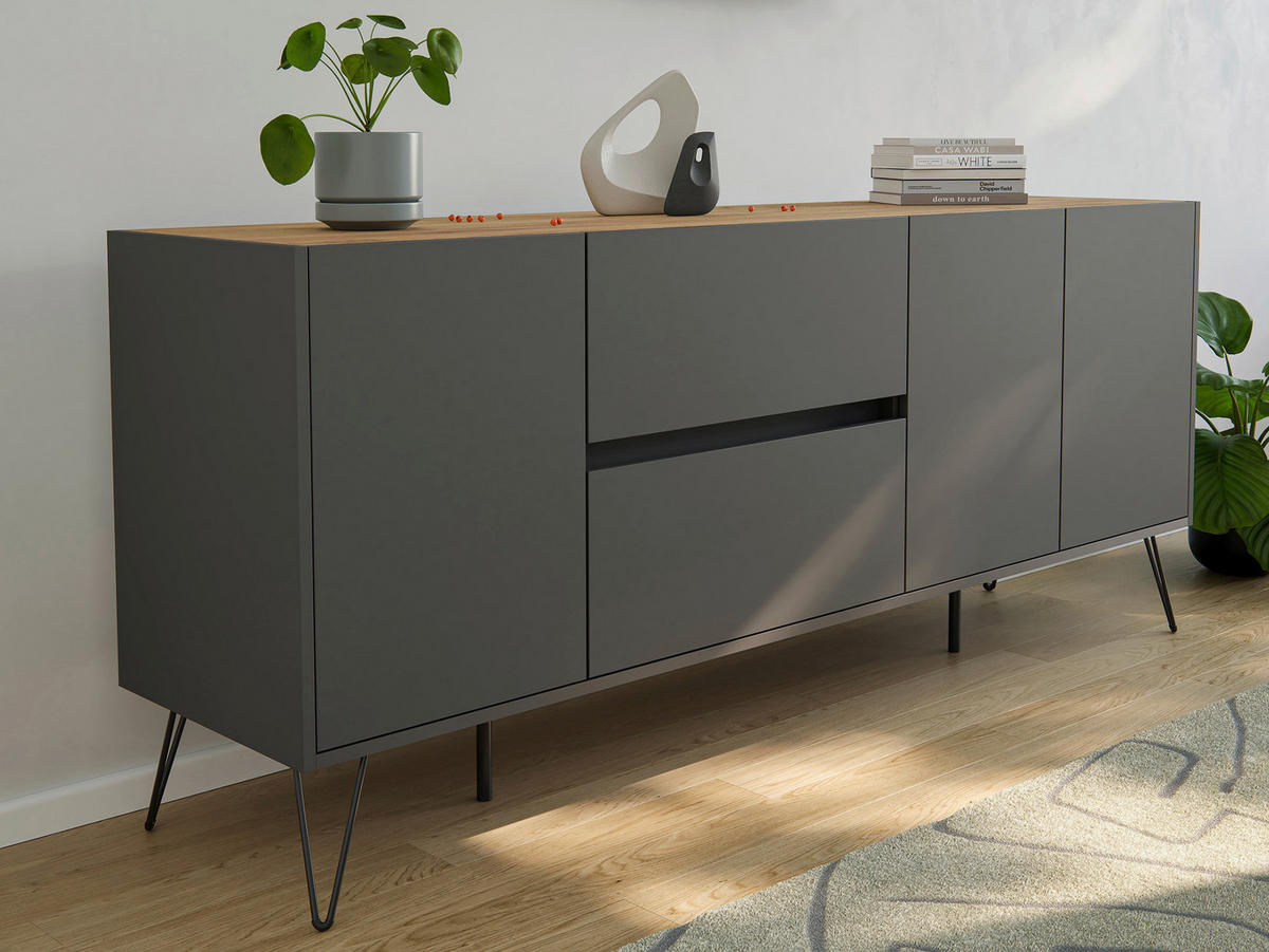 SIDEBOARD Posseik Industrial  in 177/75,8/42 cm  - Eichefarben/Graphitfarben, Design, Holzwerkstoff/Metall (177/75,8/42cm) - P & B