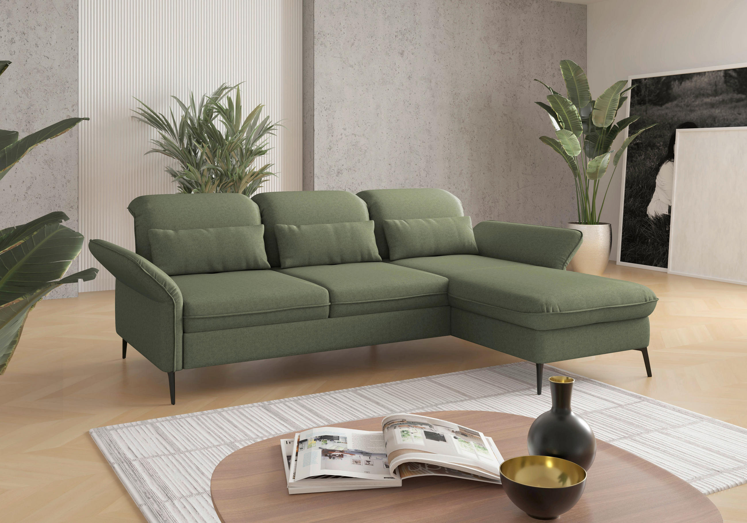 ECKSOFA Olivgrün Flachgewebe  - Schwarz/Olivgrün, KONVENTIONELL, Textil/Metall (264/198cm) - Sit & More