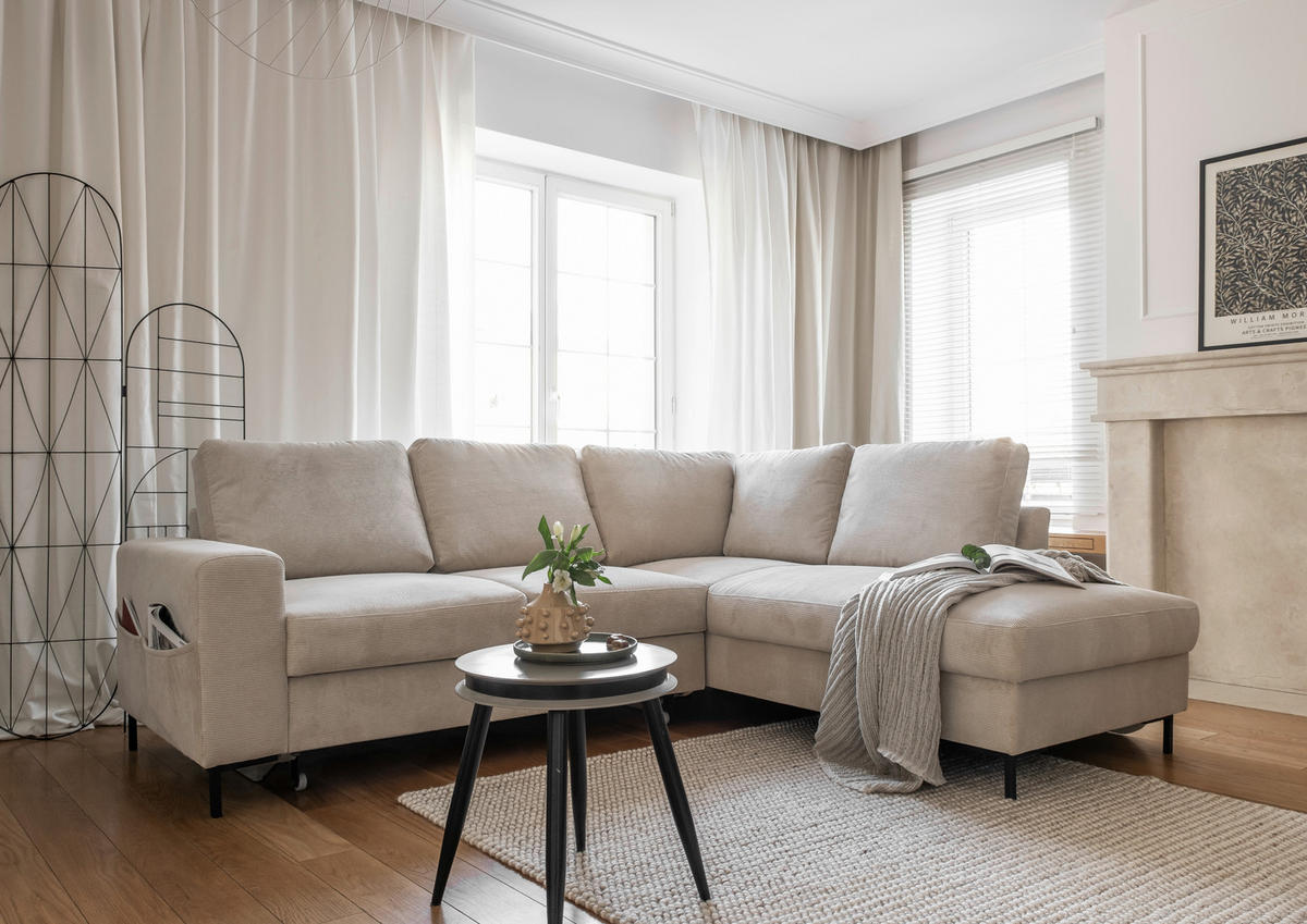 ECKSOFA in Cord Beige  - Beige/Schwarz, Design, Textil/Metall (237/197cm) - MID.YOU