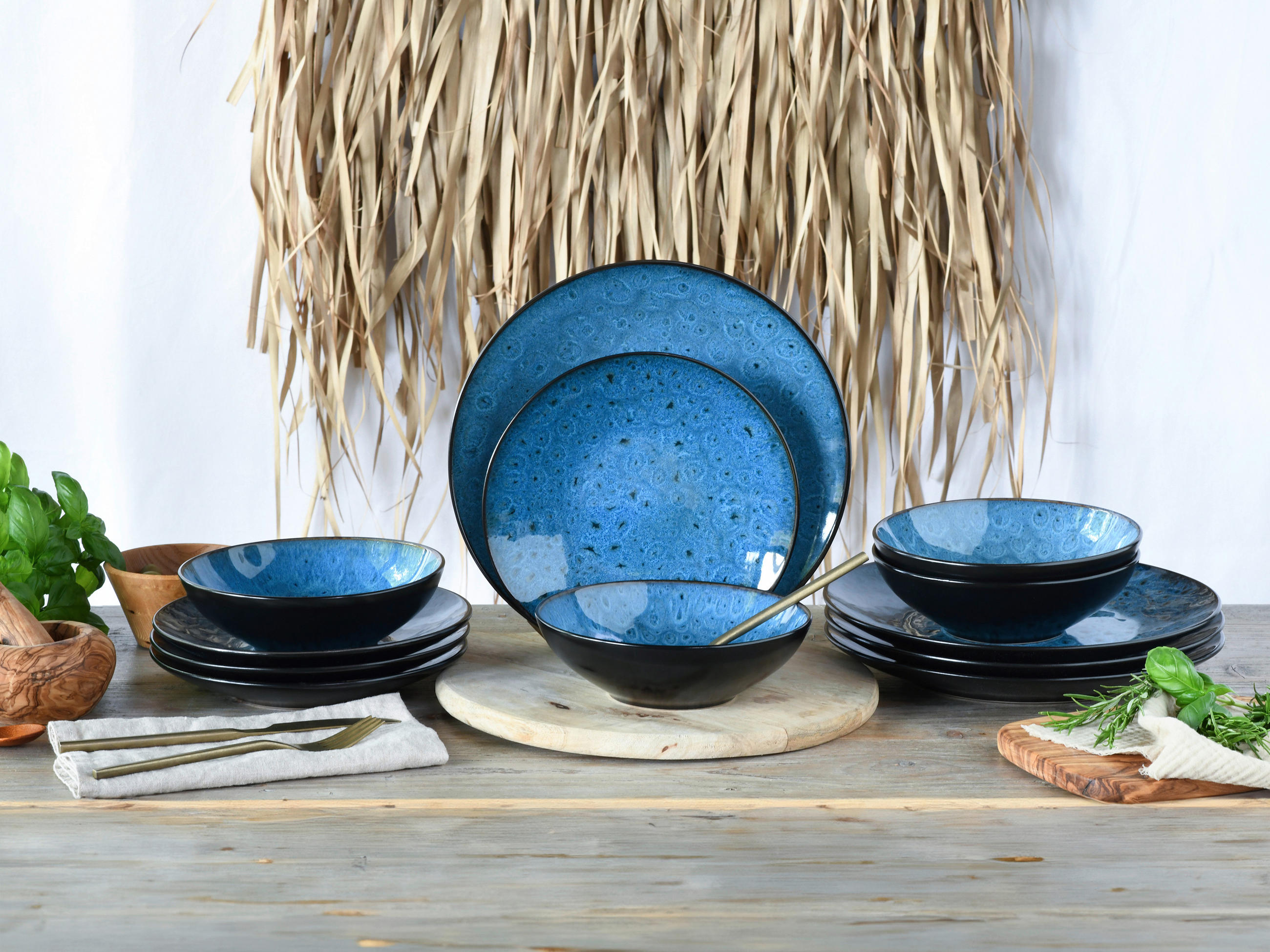 TAFELSERVICE Blau, Schwarz, Petrol Capri 12-teilig  - Blau/Petrol, Basics, Keramik - Creatable