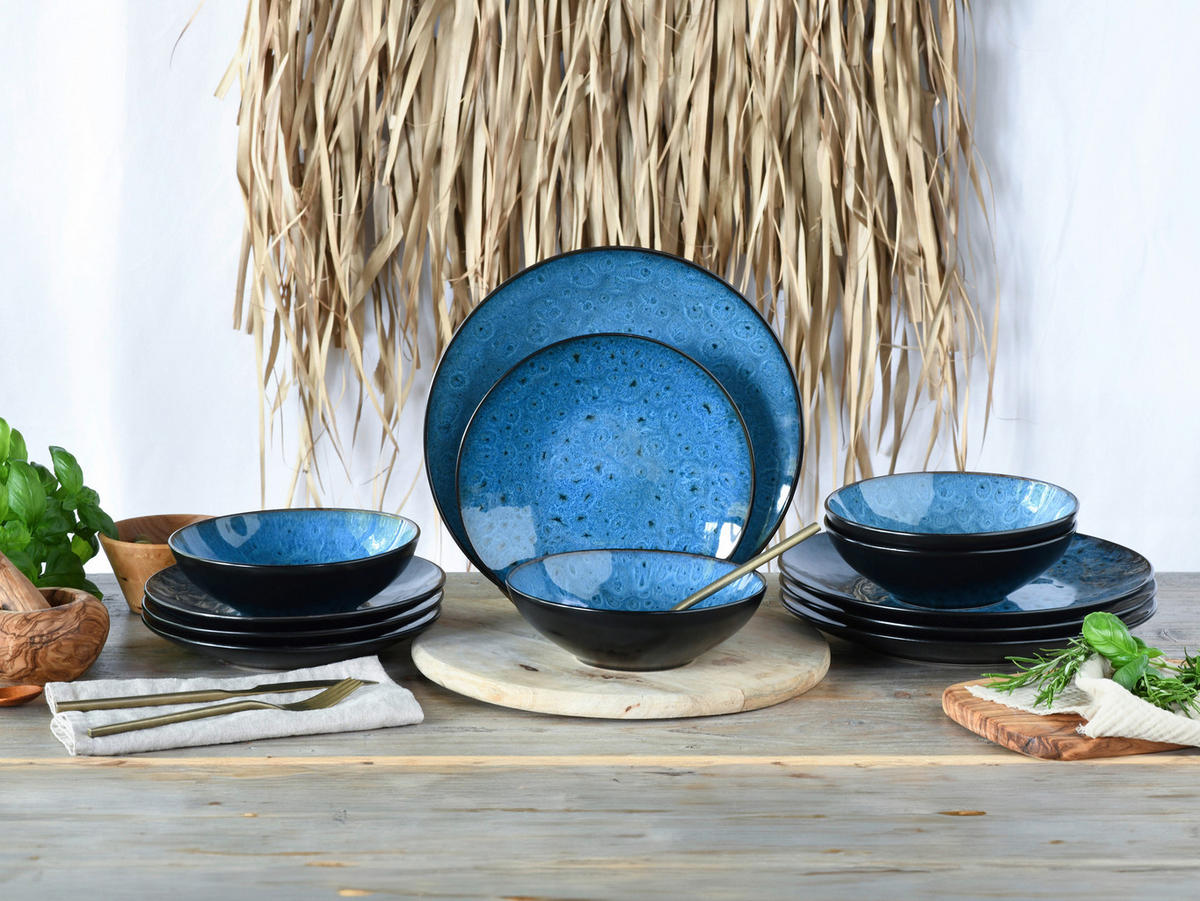 TAFELSERVICE Blau, Schwarz, Petrol Capri 12-teilig  - Blau/Petrol, Basics, Keramik - Creatable