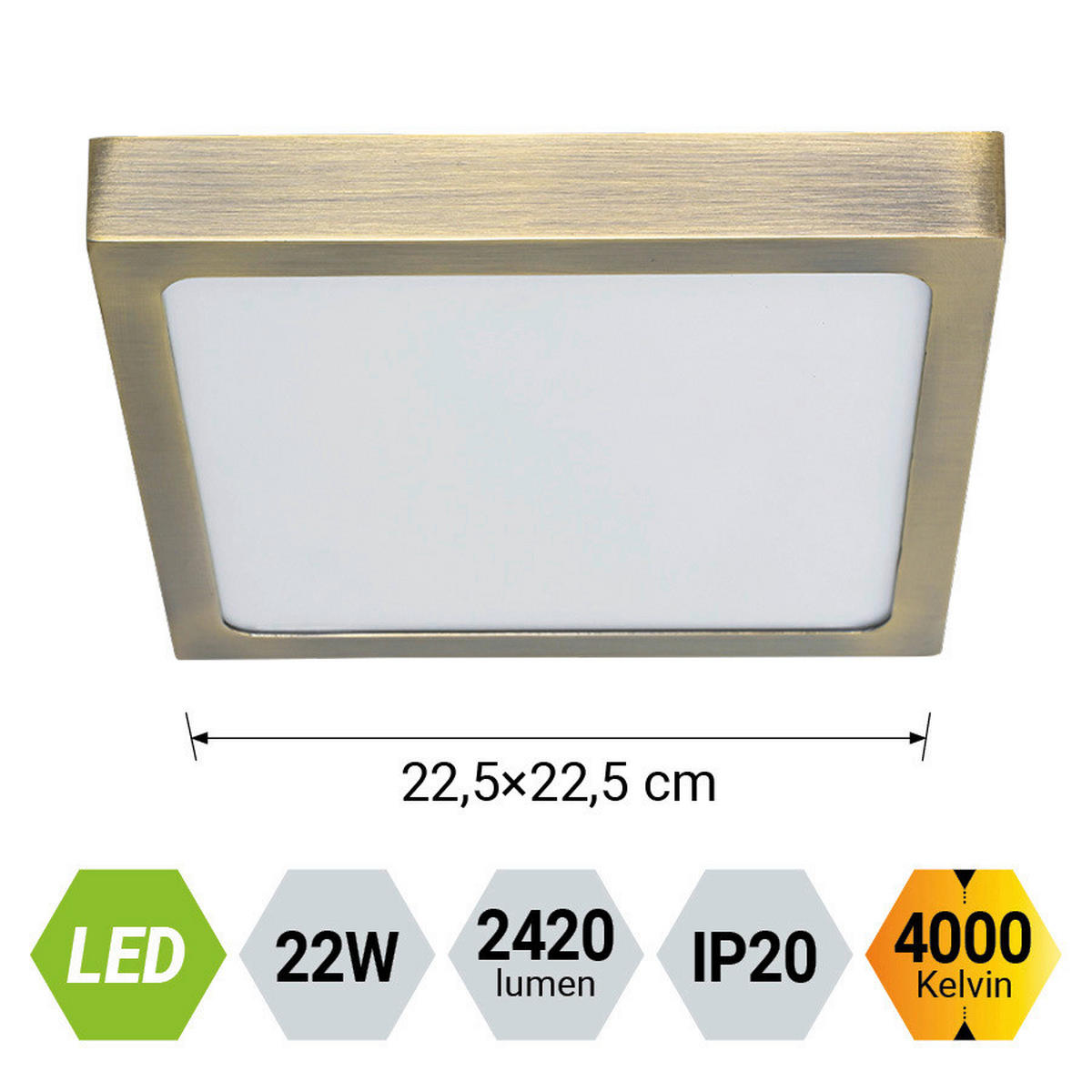 PLAFONIERĂ CU LED - alămiu, Basics, metal (22.5/2.5/22.5cm)