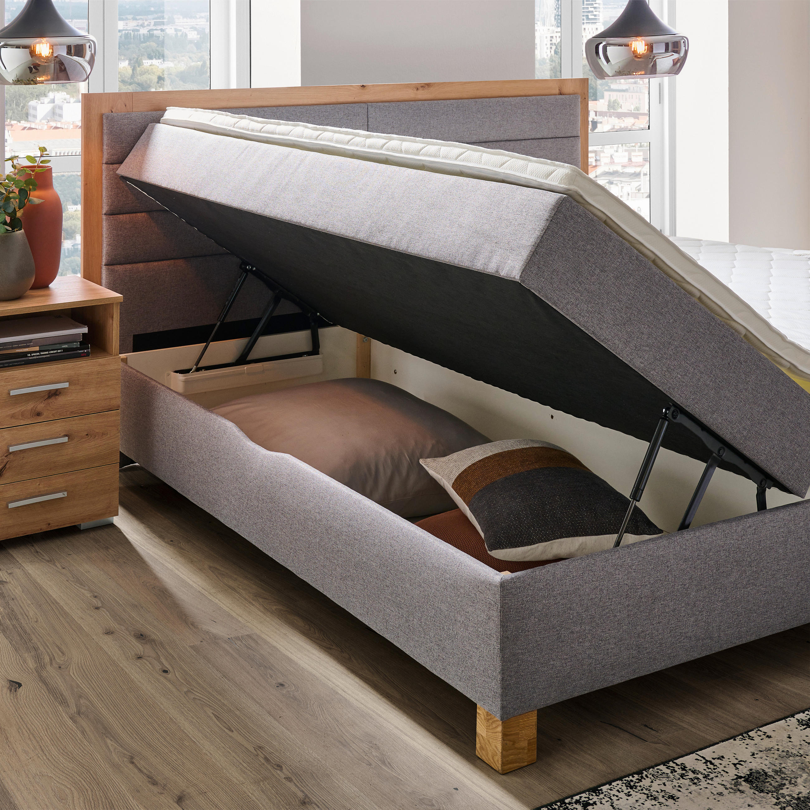 Thumbnail - Carryhome Boxbett, Grau, Eiche Artisan, Textil, Eiche, massiv, H2, Höhe ca. 18 cm, 180x200 cm, Topper durchgehend, in ve...