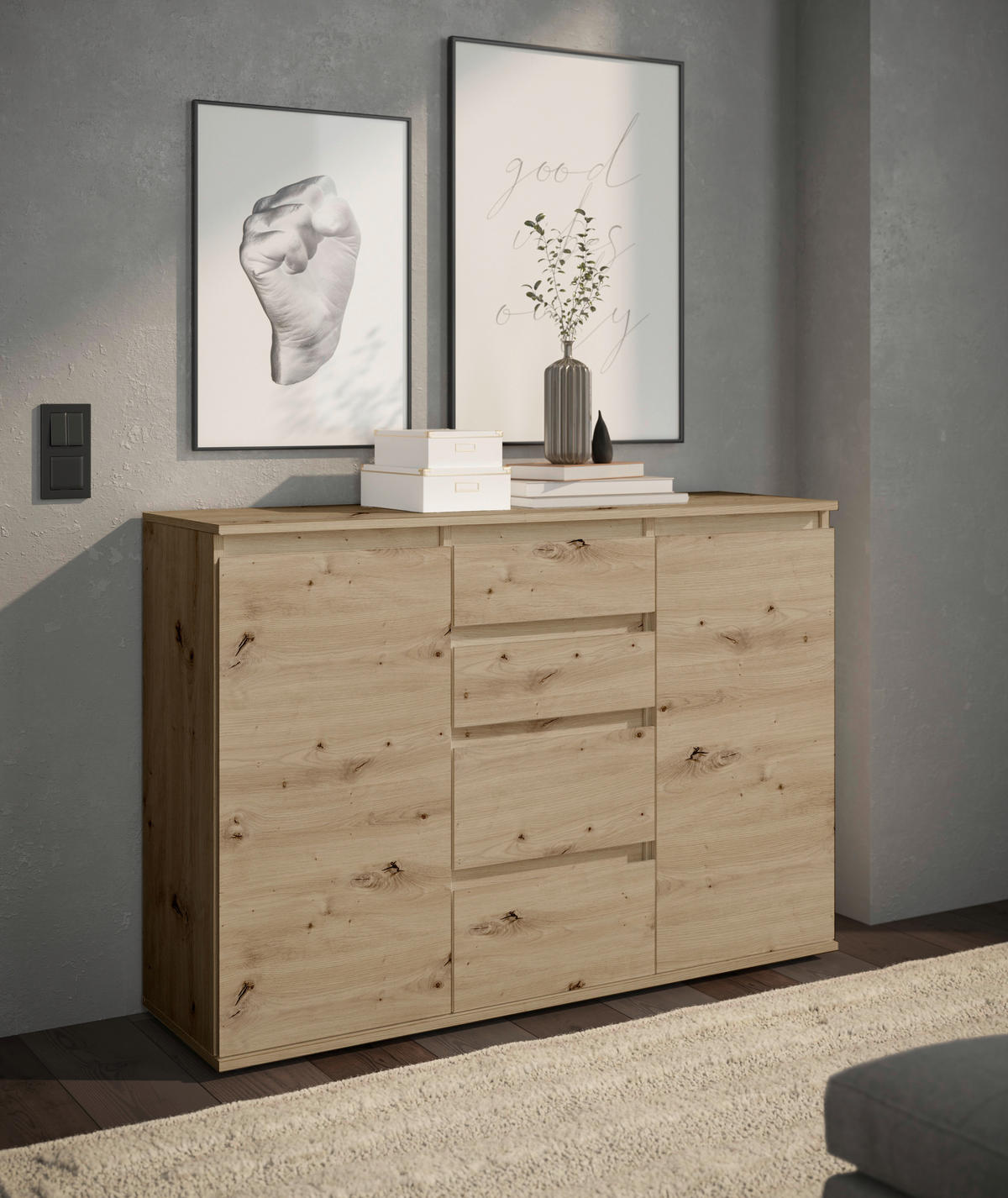 KOMMODE Brest, 119/84/35 cm, 4 Schublade(n)  - Eiche Artisan/Grau, Design, Holzwerkstoff/Kunststoff (119/84/35cm) - Boxxx