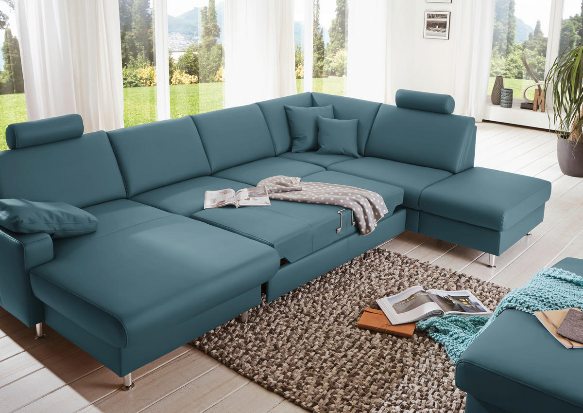WOHNLANDSCHAFT in Echtleder Blau  - Blau/Alufarben, Design, Leder/Metall (165/339/233cm) - Beldomo Premium