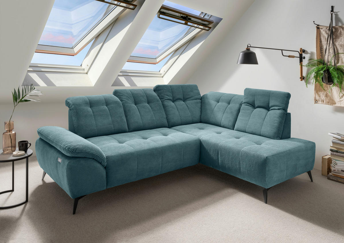 ECKSOFA in Cord Petrol  - Petrol/Schwarz, Modern, Textil/Metall (272/200cm) - Livetastic
