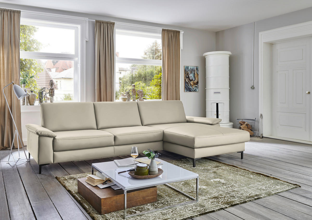 ECKSOFA in Echtleder Ecru  - Ecru/Schwarz, Design, Leder/Metall (334/176cm) - Dieter Knoll