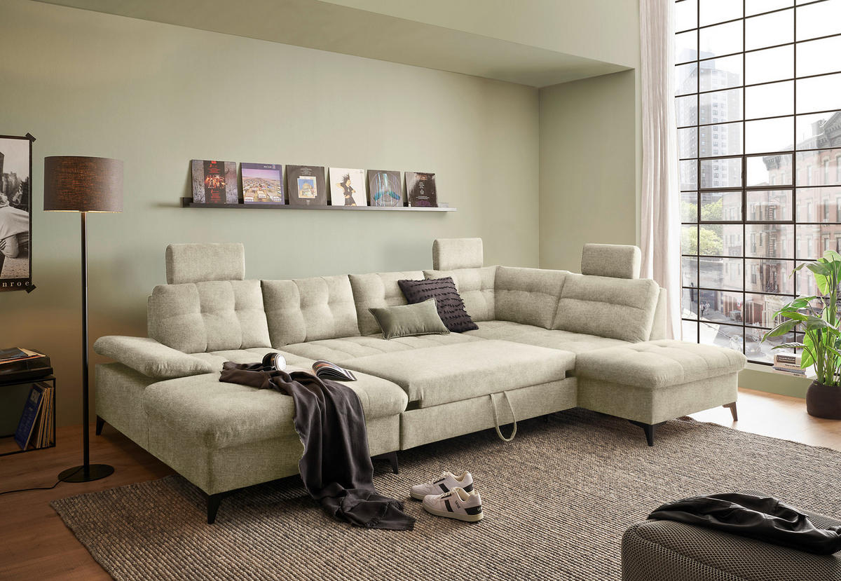WOHNLANDSCHAFT in Webstoff Beige  - Beige/Schwarz, Konventionell, Kunststoff/Textil (170/324/218cm) - MID.YOU